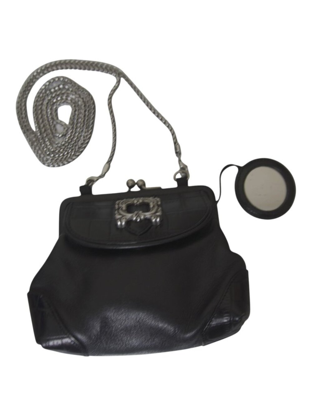 Vintage Avignon Mini Black Leather Kisslock Chain Purse Silver Hardware MWMT